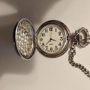 Vintage Silver Quartz Pocket Watch With Chain & Ornate Engraved Cover-LIKE NEW